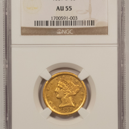 $5 1857-D $5 LIBERTY GOLD HALF EAGLE – NGC AU-55, LUSTROUS, PLEASING! DAHLONEGA!