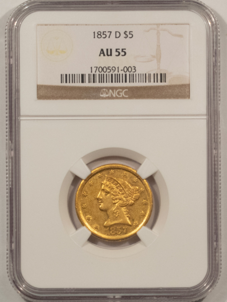 $5 1857-D $5 LIBERTY GOLD HALF EAGLE – NGC AU-55, LUSTROUS, PLEASING! DAHLONEGA!