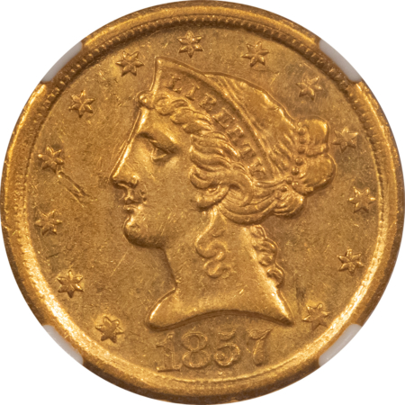 $5 1857-D $5 LIBERTY GOLD HALF EAGLE – NGC AU-55, LUSTROUS, PLEASING! DAHLONEGA!