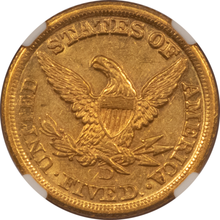 $5 1857-D $5 LIBERTY GOLD HALF EAGLE – NGC AU-55, LUSTROUS, PLEASING! DAHLONEGA!