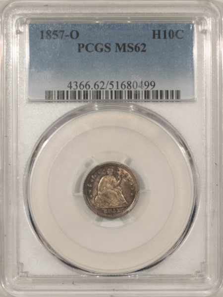 Half Dimes 1857-O SEATED LIBERTY HALF DIME – PCGS MS-62, 63+ QUALITY! PREMIUM QUALITY+!