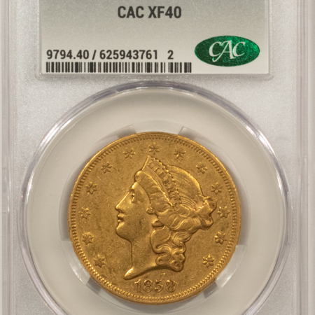 $20 1858 $20 LIBERTY GOLD DOUBLE EAGLE – CACG XF-40, SUPER ORIGINAL! CAC APPROVED!