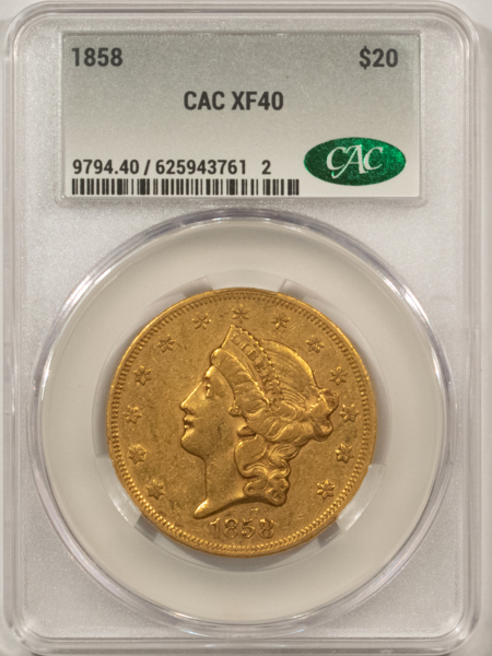 $20 1858 $20 LIBERTY GOLD DOUBLE EAGLE – CACG XF-40, SUPER ORIGINAL! CAC APPROVED!
