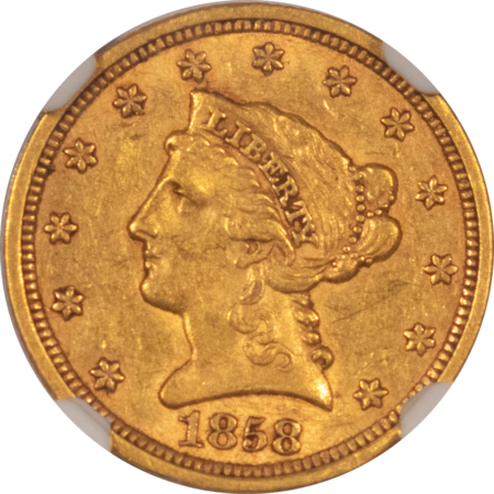 $2.50 1858 $2.50 LIBERTY GOLD QUARTER EAGLE – NGC AU-55 EARLY DATE! AFFORDABLE EXAMPLE