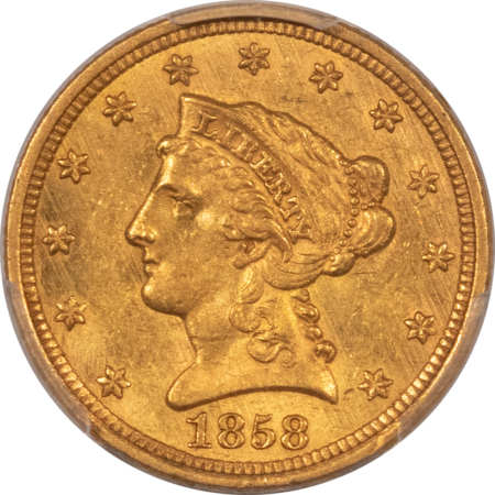 $2.50 1858 $2.50 LIBERTY GOLD QUARTER EAGLE – PCGS MS-61, HIGH GRADE, SCARCE ABOVE AU!