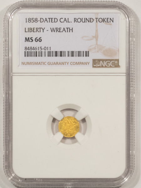 Exonumia 1858-DATED CAL ROUND TOKEN LIBERTY-WREATH – NGC MS-66, ULTRA GEM!