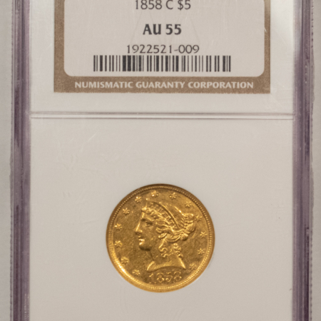 $5 1858-C $5 LIBERTY GOLD HALF EAGLE – NGC AU-55, WELL-STRUCK ATTRACTIVE CHARLOTTE!