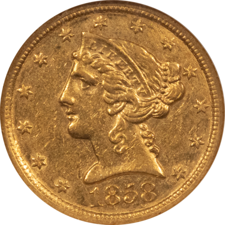 $5 1858-C $5 LIBERTY GOLD HALF EAGLE – NGC AU-55, WELL-STRUCK ATTRACTIVE CHARLOTTE!