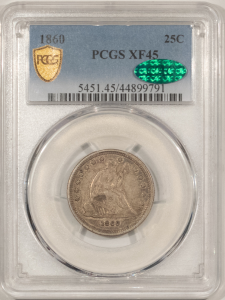 CAC Approved Coins 1860 SEATED LIBERTY QUARTER – PCGS XF-45 CAC & REALLY TOUGH, SUPER ORIGINAL, PQ!