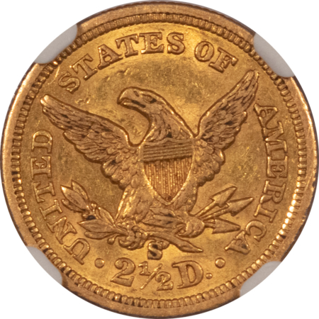 $2.50 1860-S $2.50 LIBERTY GOLD QUARTER EAGLE – NGC AU-58 BETTER DATE, SELDOM SEEN!