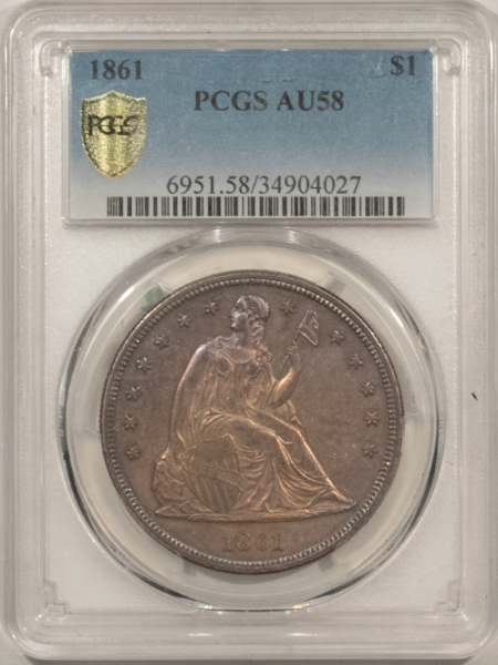 Dollars 1861 $1 SEATED LIBERTY DOLLAR – PCGS AU-58 RARE DATE! PL SURFACES, OBV IS A GEM!