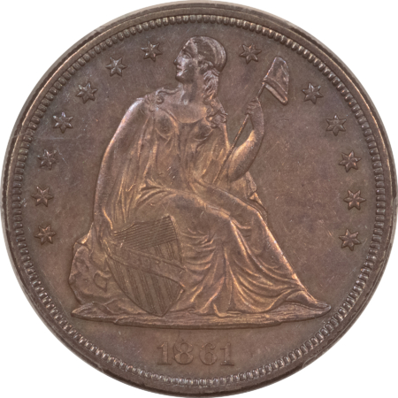 Dollars 1861 $1 SEATED LIBERTY DOLLAR – PCGS AU-58 RARE DATE! PL SURFACES, OBV IS A GEM!