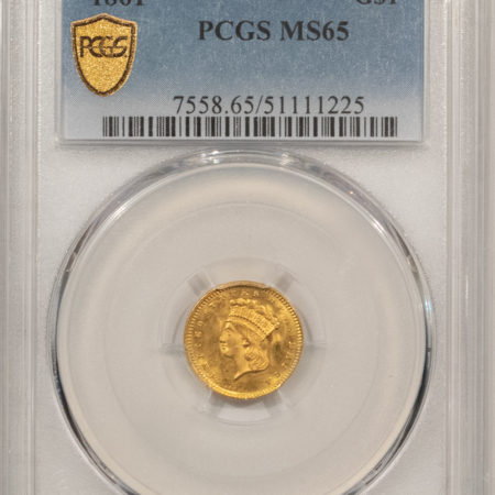 $1 1861 GOLD $1, TY III, PCGS MS-65; SPARKLING FROSTY GEM CIVIL WAR DATE!