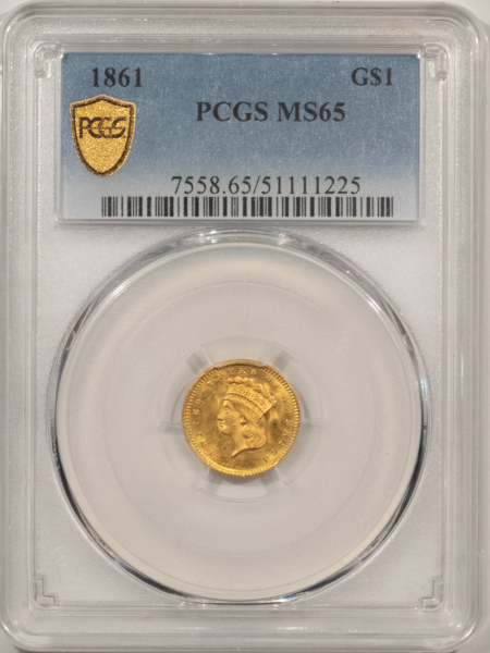 $1 1861 GOLD $1, TY III, PCGS MS-65; SPARKLING FROSTY GEM CIVIL WAR DATE!