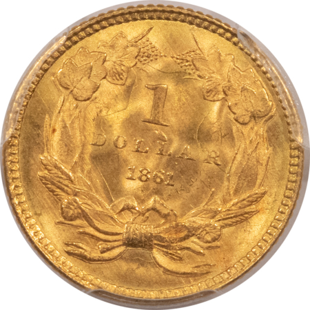 $1 1861 GOLD $1, TY III, PCGS MS-65; SPARKLING FROSTY GEM CIVIL WAR DATE!