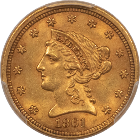 $2.50 1861 $2.50 LIBERTY GOLD, NEW REVERSE, PCGS MS-61; ORIGINAL OLD ORANGE PATINA!