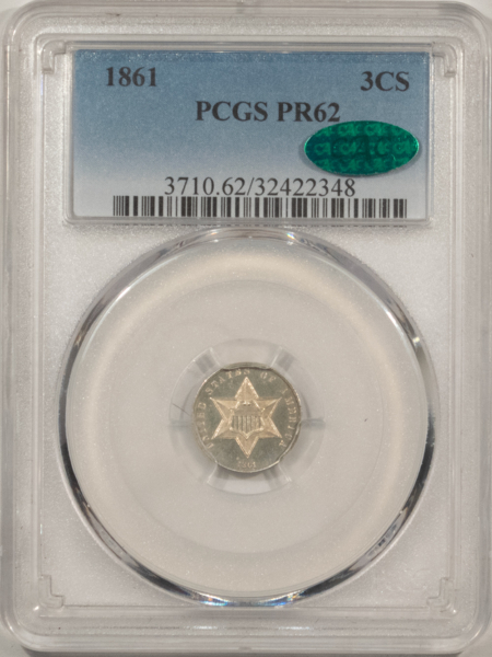 CAC Approved Coins 1861 PROOF THREE CENT SILVER – PCGS PR-62, RARE IN CAC! SUPER PREMIUM QUALITY!