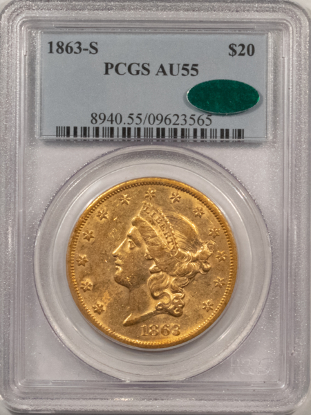 $20 1863-S TY 1 $20 LIBERTY GOLD DOUBLE EAGLE, PCGS AU-55 SUPER FRESH, CAC APPROVED