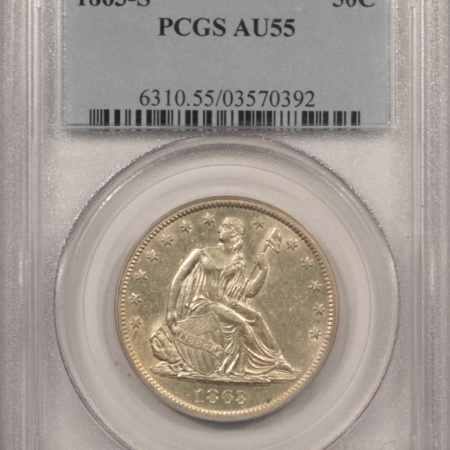 Half Dollars 1863-S SEATED LIBERTY HALF DOLLAR – PCGS AU-55, FLASHY, SCARCE CIVIL WAR DATE!