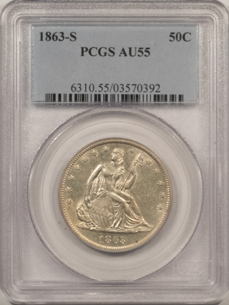 Half Dollars 1863-S SEATED LIBERTY HALF DOLLAR – PCGS AU-55, FLASHY, SCARCE CIVIL WAR DATE!
