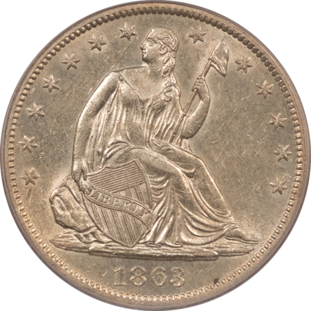 Half Dollars 1863-S SEATED LIBERTY HALF DOLLAR – PCGS AU-55, FLASHY, SCARCE CIVIL WAR DATE!