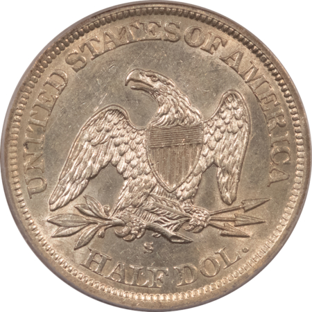 Half Dollars 1863-S SEATED LIBERTY HALF DOLLAR – PCGS AU-55, FLASHY, SCARCE CIVIL WAR DATE!