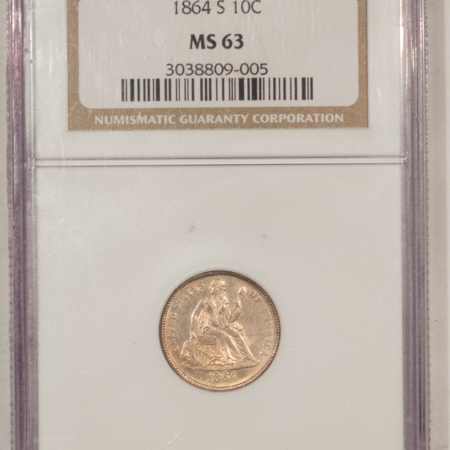 Dimes 1864-S LIBERTY SEATED DIME – NGC MS-63, VERY RARE IN MS!