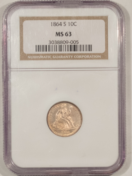Dimes 1864-S LIBERTY SEATED DIME – NGC MS-63, VERY RARE IN MS!