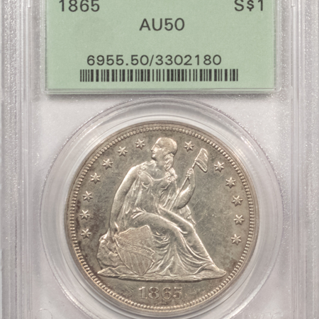 Dollars 1865 $1 SEATED LIBERTY DOLLAR – PCGS AU-50, OLD GREEN HOLDER & PREMIUM QUALITY!