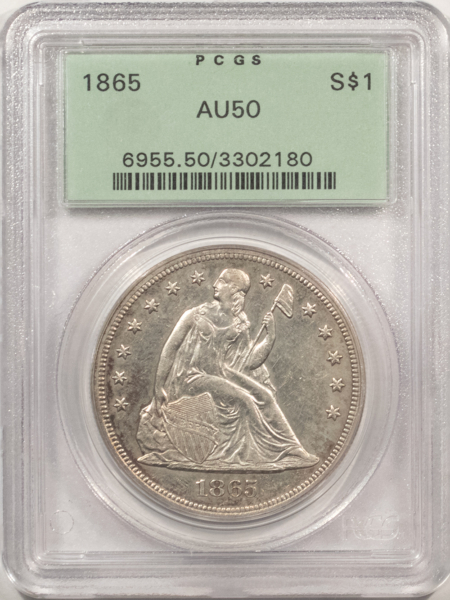 Dollars 1865 $1 SEATED LIBERTY DOLLAR – PCGS AU-50, OLD GREEN HOLDER & PREMIUM QUALITY!