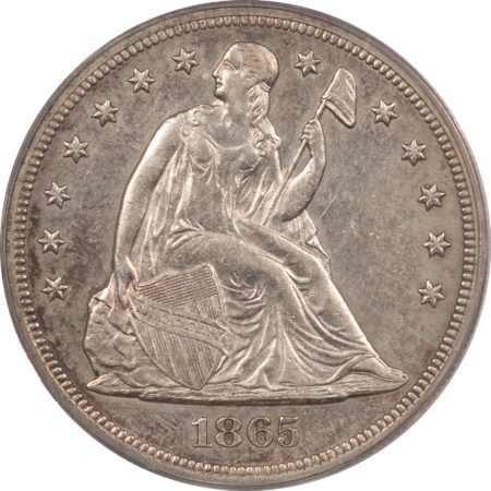 Dollars 1865 $1 SEATED LIBERTY DOLLAR – PCGS AU-50, OLD GREEN HOLDER & PREMIUM QUALITY!