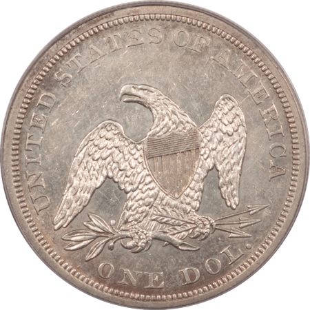 Dollars 1865 $1 SEATED LIBERTY DOLLAR – PCGS AU-50, OLD GREEN HOLDER & PREMIUM QUALITY!
