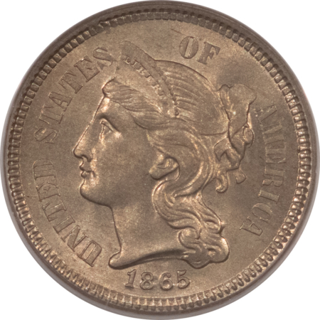 New Certified Coins 1865 THREE CENT NICKEL – PCGS MS-63, TWO PIECE RATTLER, PQ, TERMINAL REVERSE DIE