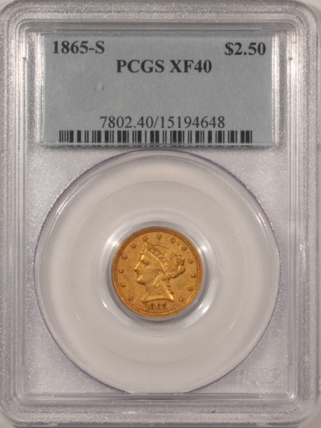 $2.50 1865-S $2.50 LIBERTY GOLD QUARTER EAGLE PCGS XF-40, BETTER CIVIL WAR DATE! NICE!