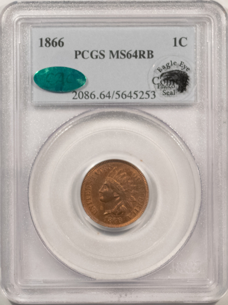 CAC Approved Coins 1866 INDIAN CENT, EAGLE EYE SEAL – PCGS MS-64 RB CAC & EAGLE EYE, LOOKS GEM! PQ!
