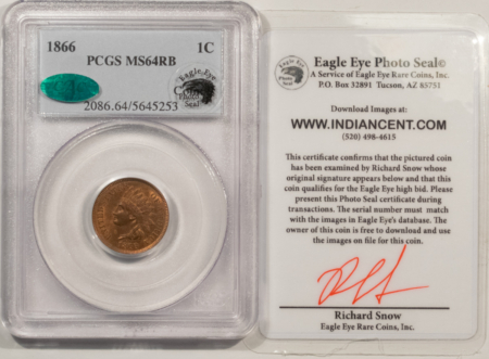 CAC Approved Coins 1866 INDIAN CENT, EAGLE EYE SEAL – PCGS MS-64 RB CAC & EAGLE EYE, LOOKS GEM! PQ!