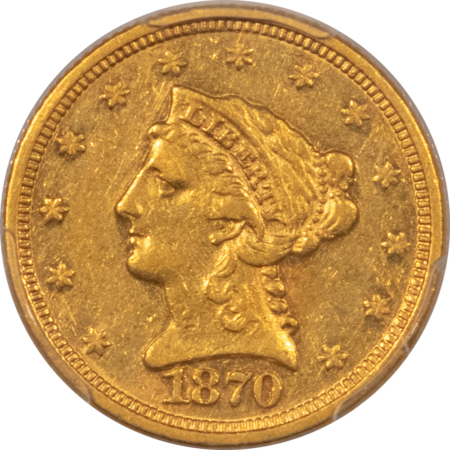 $2.50 1870 $2.50 LIBERTY GOLD QUARTER EAGLE – PCGS AU-50, SCARCE DATE! UNDER VALUED!