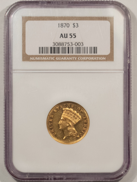 $3 1870 $3 GOLD PRINCESS – NGC AU-55 LOW 3500 MINTAGE! FLASHY, PROOFLIKE APPEARANCE