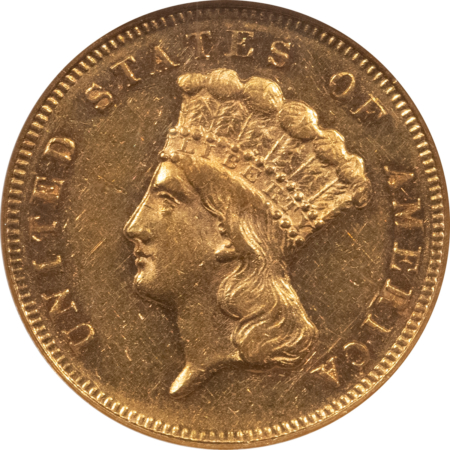 $3 1870 $3 GOLD PRINCESS – NGC AU-55 LOW 3500 MINTAGE! FLASHY, PROOFLIKE APPEARANCE