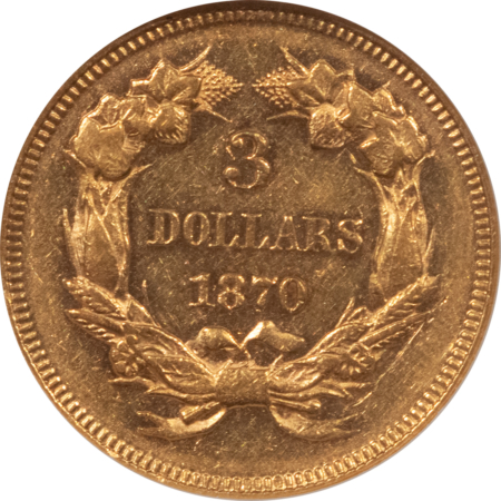 $3 1870 $3 GOLD PRINCESS – NGC AU-55 LOW 3500 MINTAGE! FLASHY, PROOFLIKE APPEARANCE
