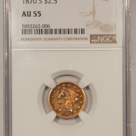 $2.50 1870-S $2.50 LIBERTY GOLD QUARTER EAGLE – NGC AU-55, BEAUTIFUL COLOR! SCARCE!