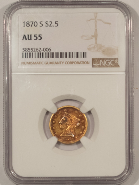 $2.50 1870-S $2.50 LIBERTY GOLD QUARTER EAGLE – NGC AU-55, BEAUTIFUL COLOR! SCARCE!
