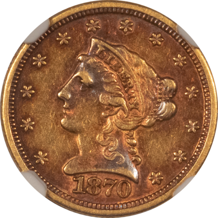 $2.50 1870-S $2.50 LIBERTY GOLD QUARTER EAGLE – NGC AU-55, BEAUTIFUL COLOR! SCARCE!