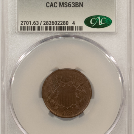 CAC Approved Coins 1871 TWO CENT PIECE – CACG MS-63 BN, CHOICE & PREMIUM QUALITY! CAC APPROVED!