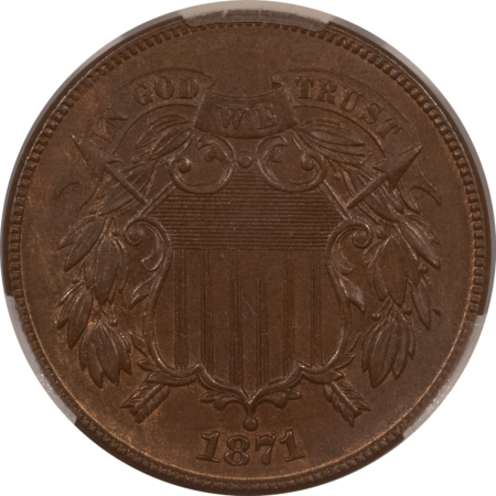 CAC Approved Coins 1871 TWO CENT PIECE – CACG MS-63 BN, CHOICE & PREMIUM QUALITY! CAC APPROVED!