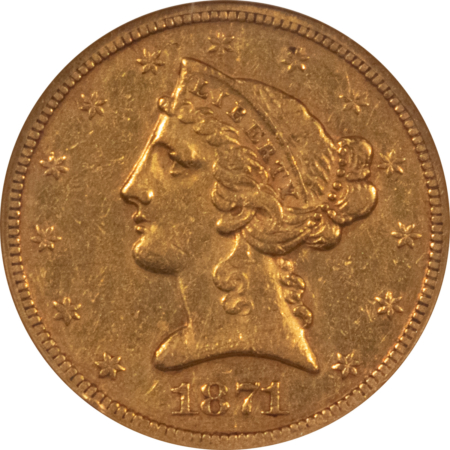 $5 1871 $5 LIBERTY GOLD HALF EAGLE – NGC XF-45, RARE! UNDER 100 KNOWN!