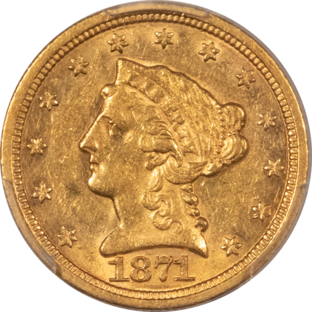 $2.50 1871-S $2.50 LIBERTY GOLD QUARTER EAGLE – PCGS AU-53, BETTER DATE! RARE!