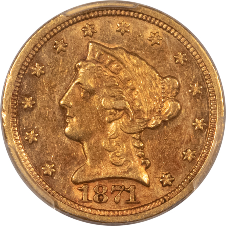 $2.50 1871-S $2.50 LIBERTY GOLD QUARTER EAGLE – PCGS AU-53, BETTER DATE! RARE!