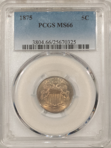 New Certified Coins 1875 SHIELD NICKEL – PCGS MS-66, RARE! POP 15 ONLY 5 HIGHER!