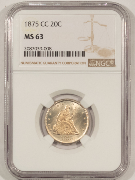 New Certified Coins 1875-CC TWENTY CENT PIECE – NGC MS-63, CHOICE, LUSTROUS! CARSON CITY!